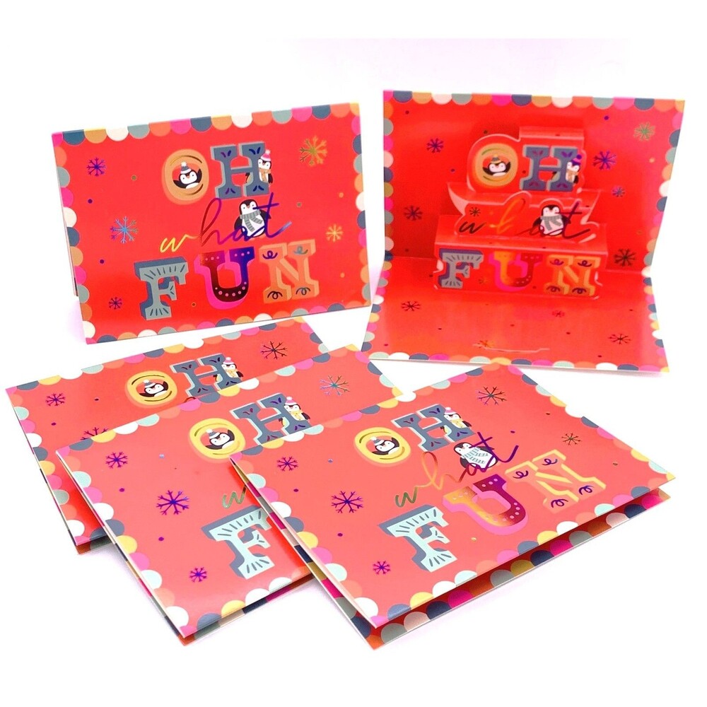 3D Pop Up Christmas Cards "OH FUN" Penguin Snowflakes Holiday Greeting Card 5pc